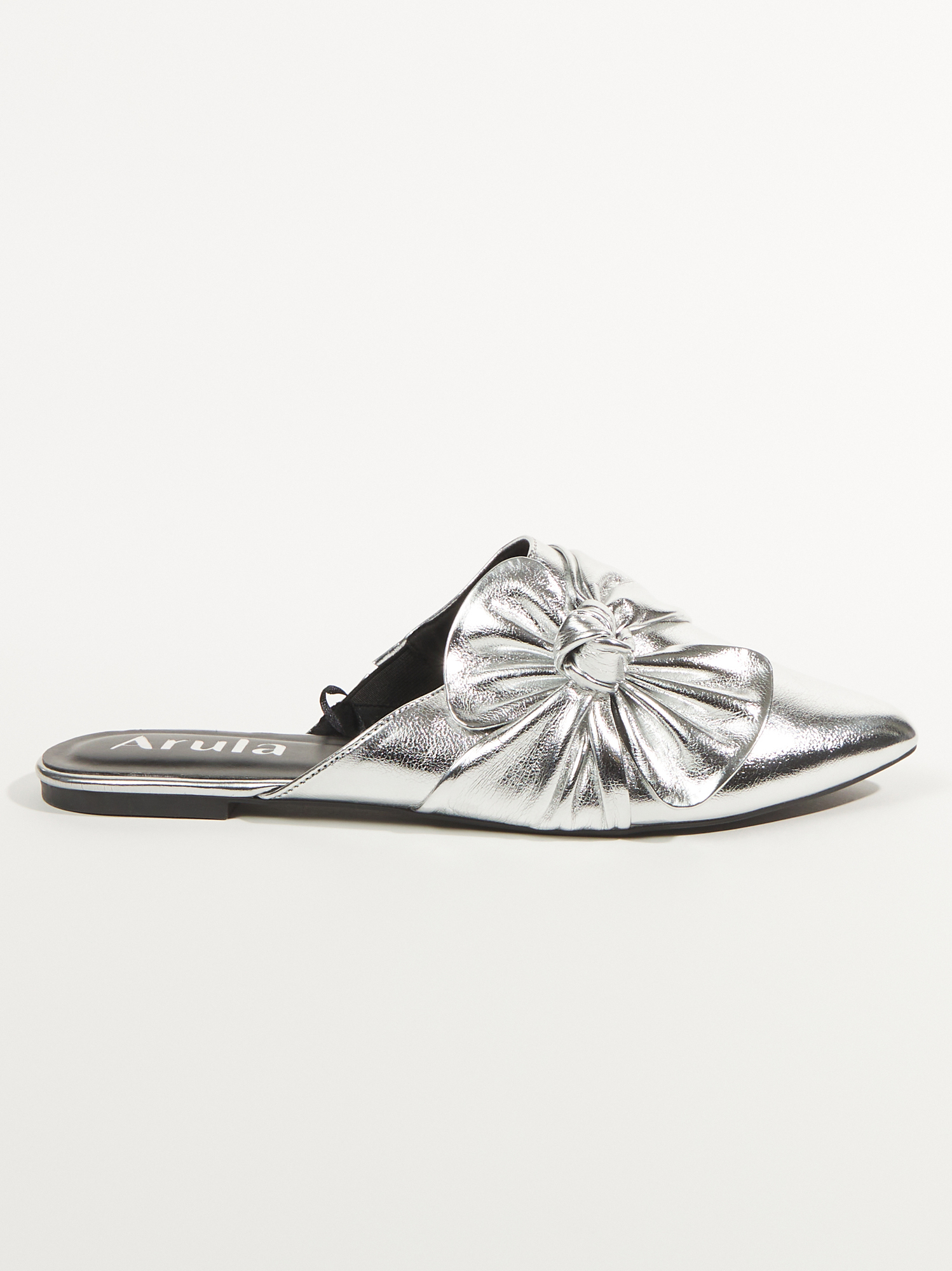 Metallic Wide Width Bow Mules in Silver Arula