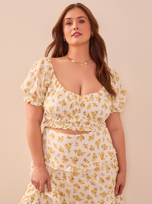Abby Floral Puff Sleeve Crop Top in Ivory & Yellow | Arula