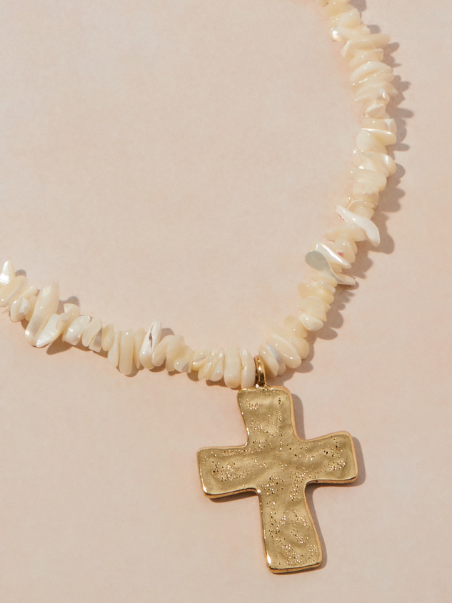 Statement Chip Stone Cross Necklace Detail 3 - ARULA