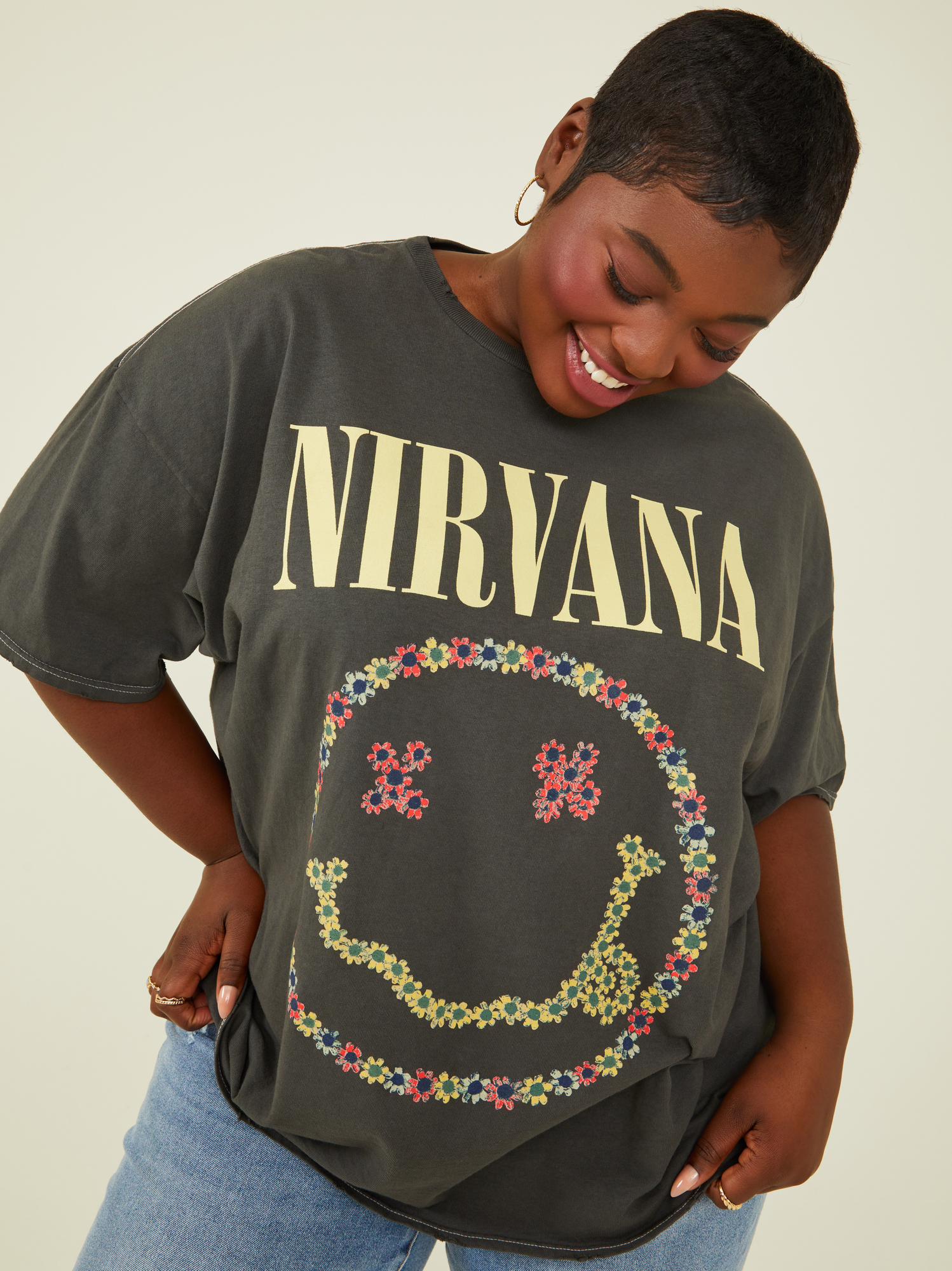 Nirvana Floral Smiley Oversized Tee in Black | Arula