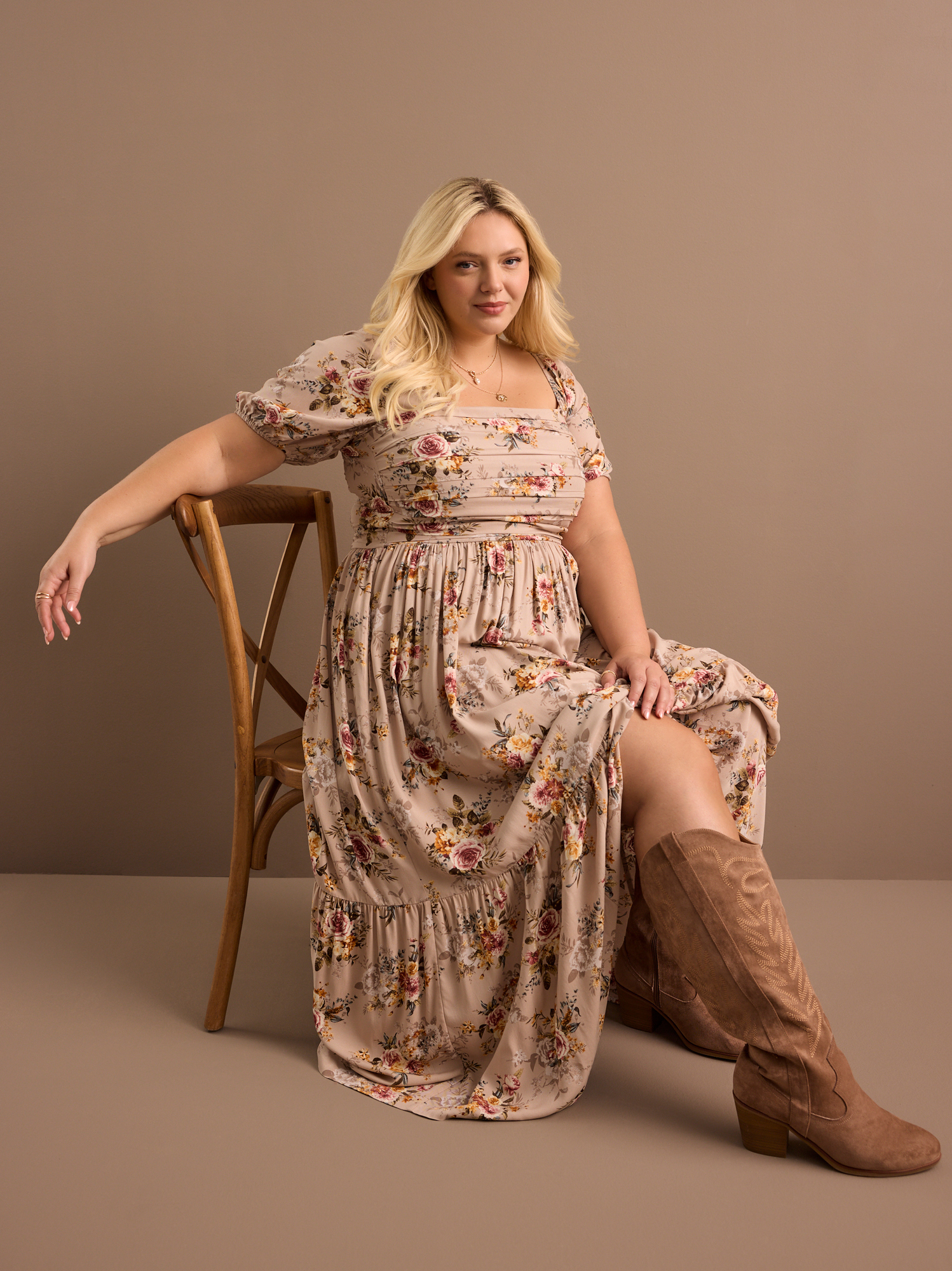 Tan floral maxi dress outlet