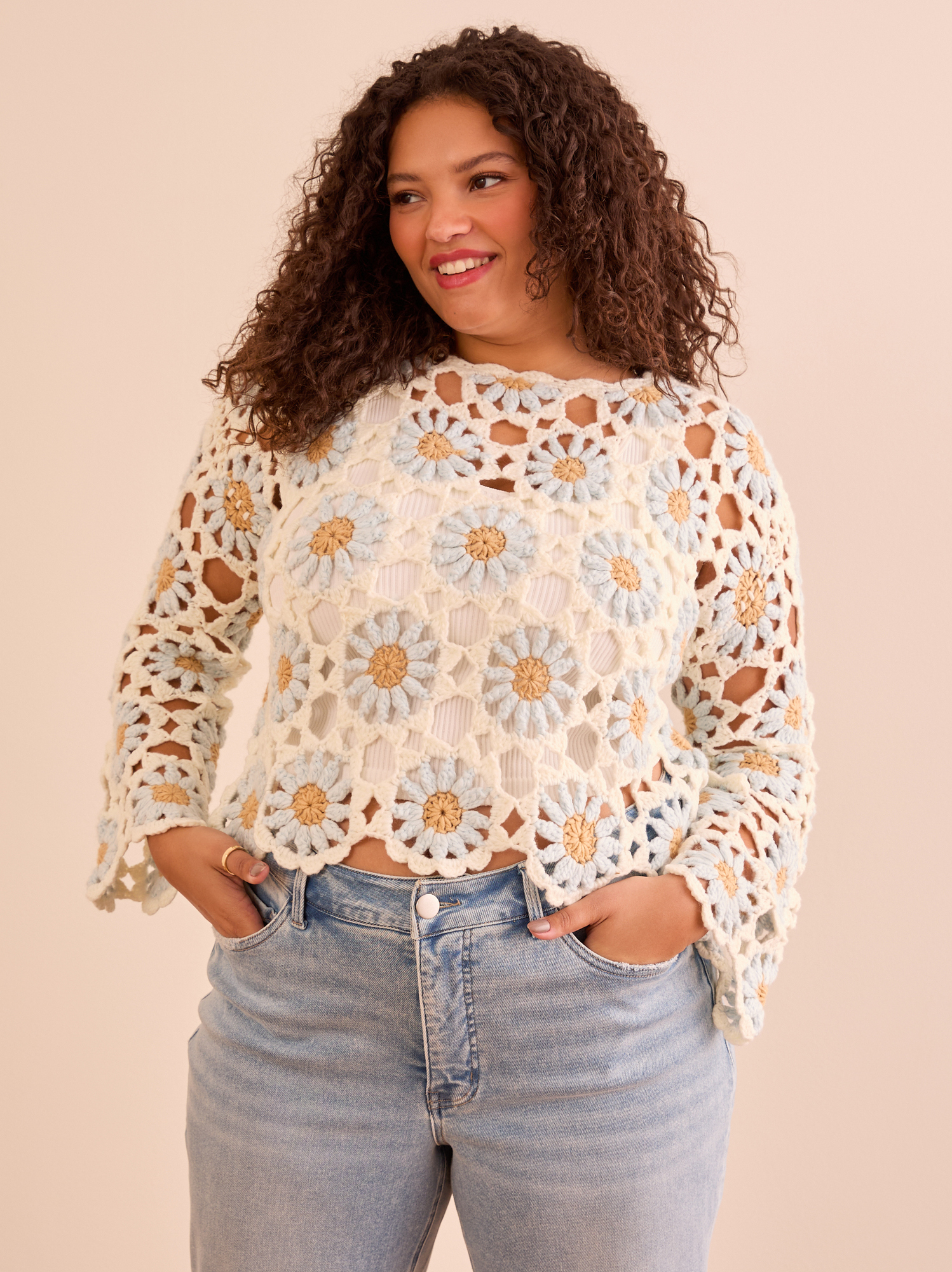 Celicia Flower Crochet Sweater in Ivory & Sky Blue | Arula