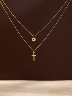 Stainless Steel Layered Cross Heart Necklace - ARULA - 
