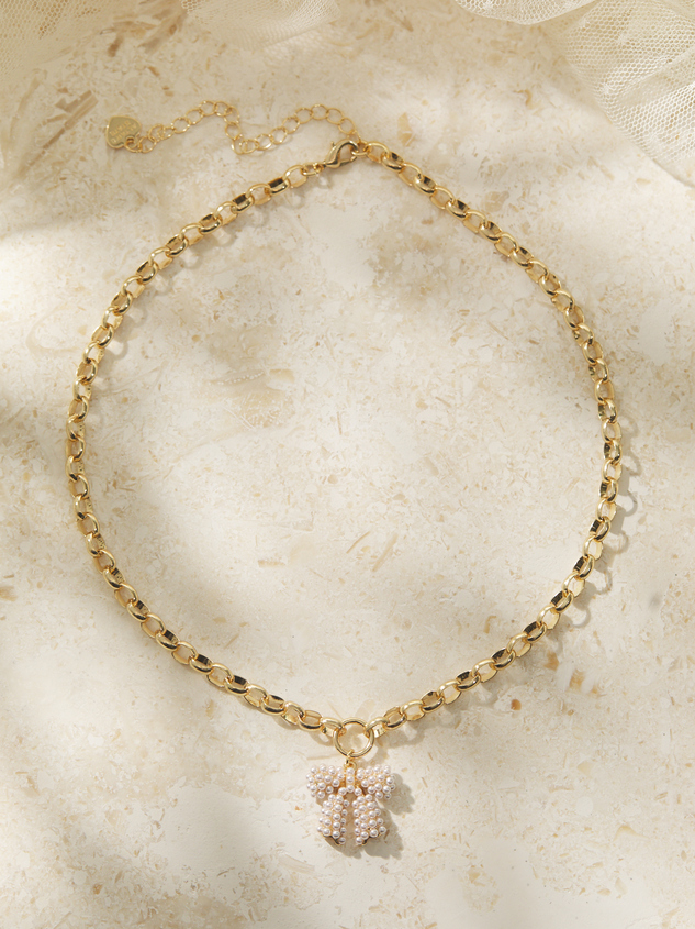 Colette Pearl Bow Charm Necklace - ARULA