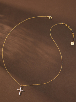 18K Gold Dipped Pearl Cross Charm Necklace - ARULA