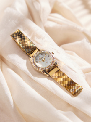 CZ Round Face Mesh Band Watch - ARULA - 