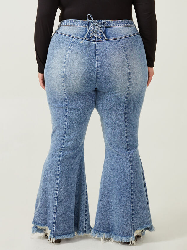 Incrediflex Lace Up Raw Hem Flare Jeans Detail 4 - ARULA