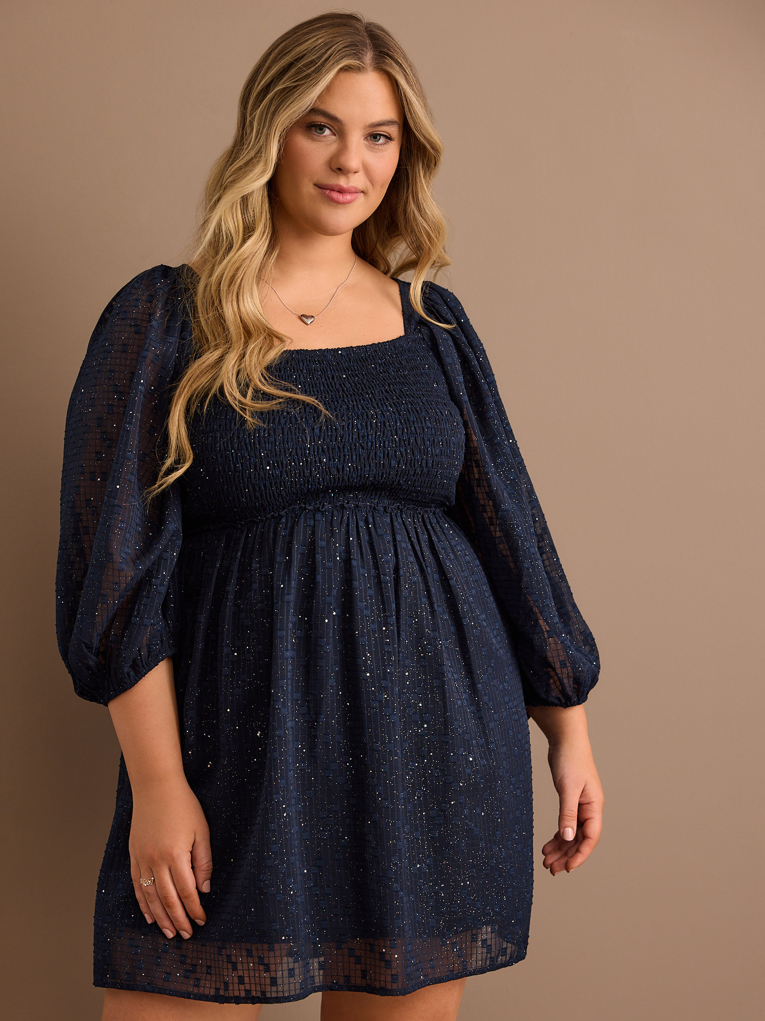 Giselle Glitter Smocked Mini Dress in Navy | Arula