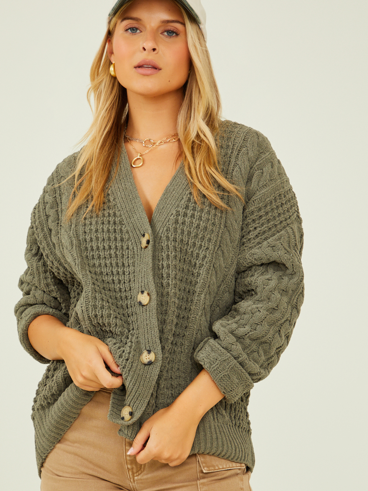 Olive green cable knit cardigan 2025