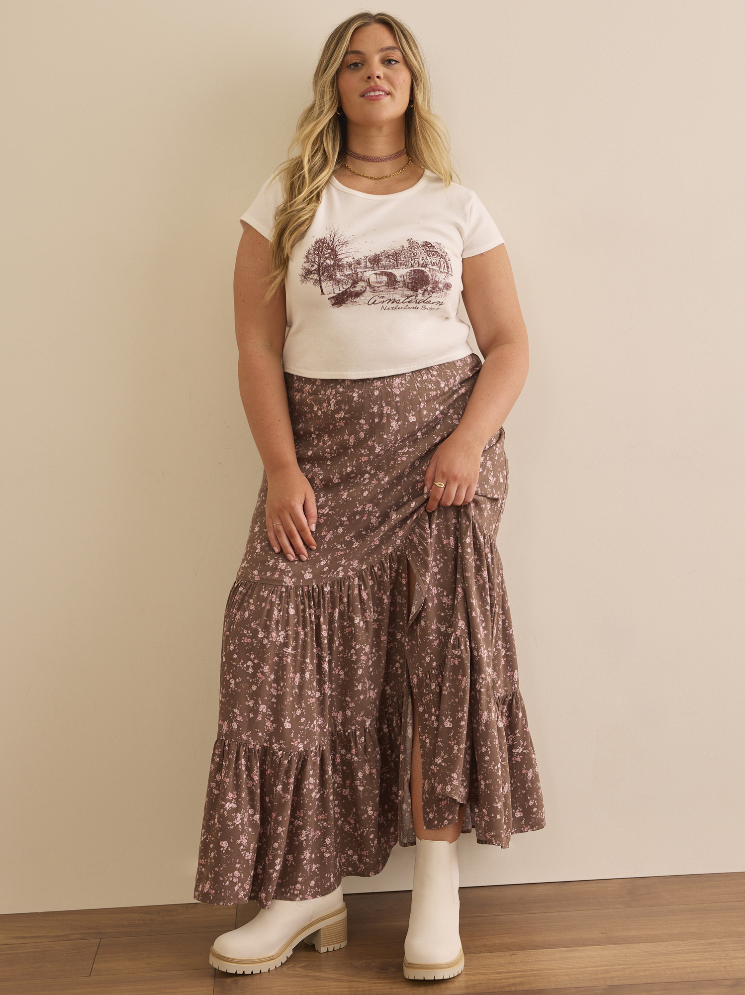 Brown floral maxi skirt shop