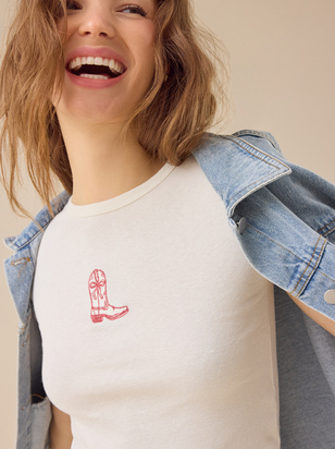 Embroidered Bow Boot Baby Tee - ARULA - 
