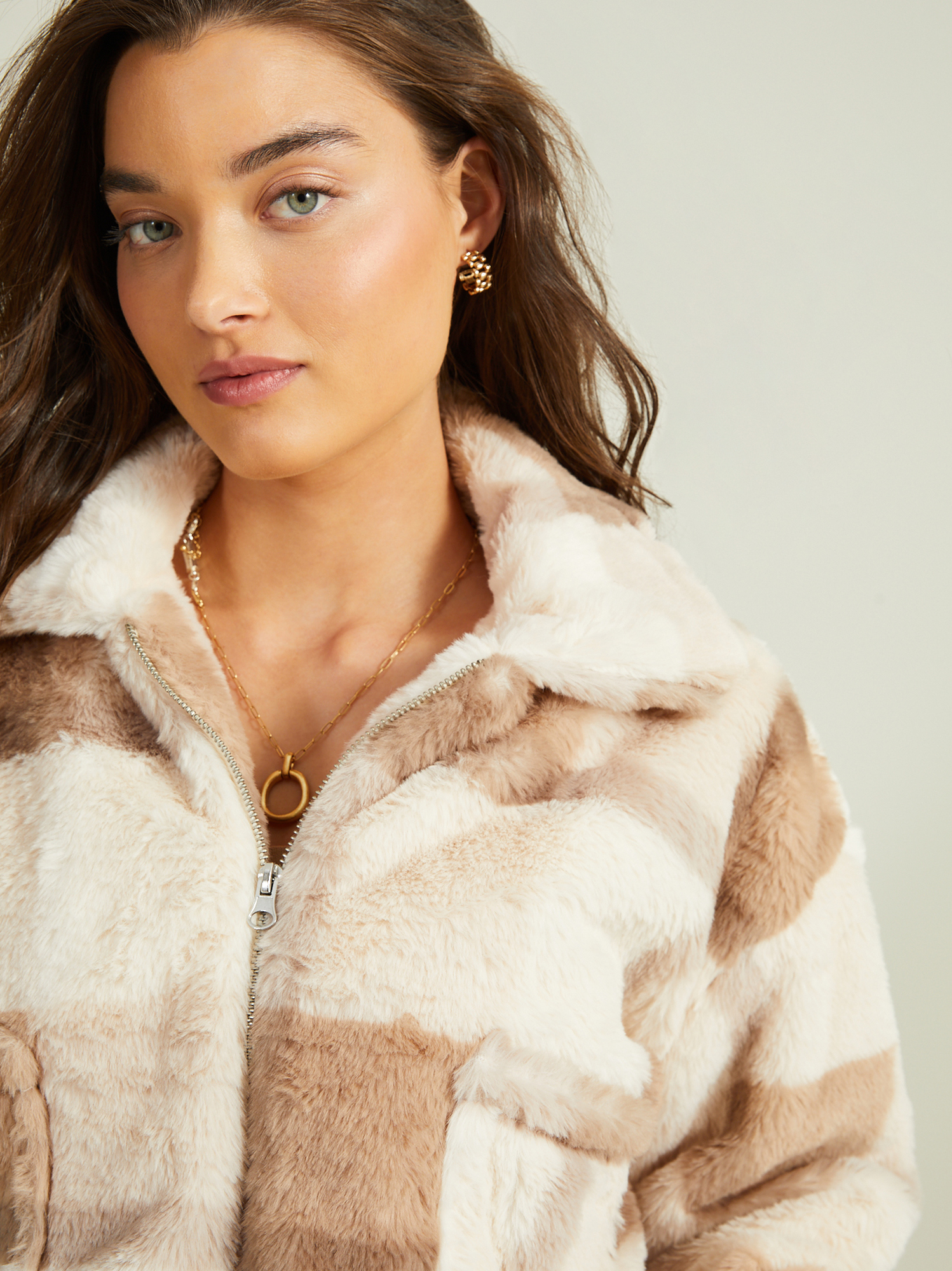 Plaid faux cheap fur coat