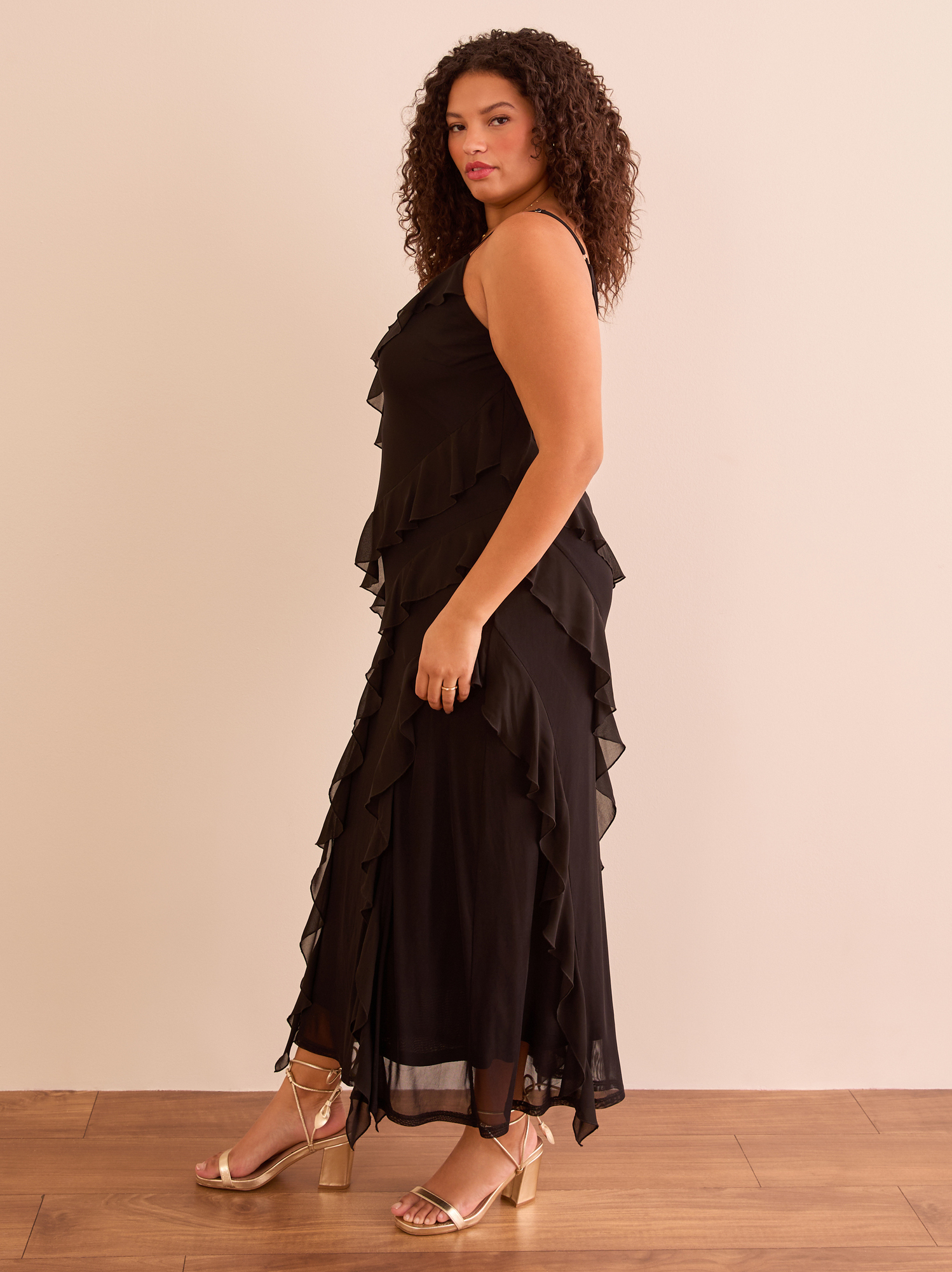 Bridgette Ruffle Maxi Dress in Black | Arula