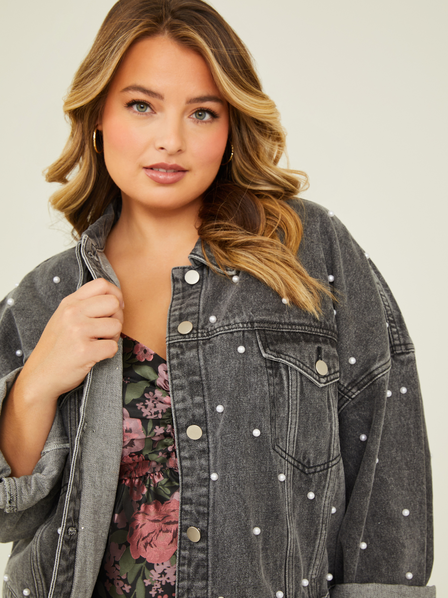 Denim jacket cheap with pearl detail