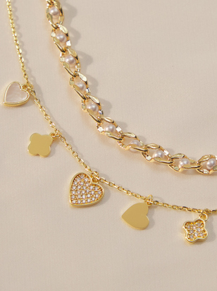 Pearl Heart Charm Bracelet Set - ARULA - 