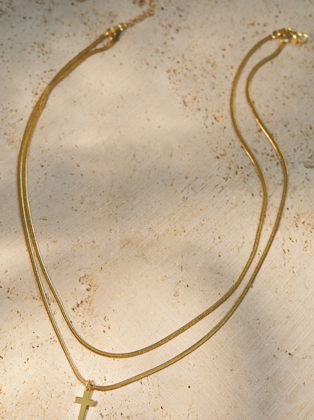18K Gold Layered Cross Charm Necklace - ARULA