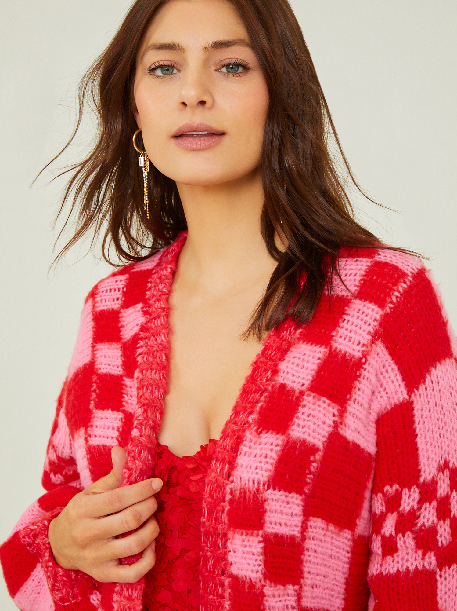 Red check cardigan top