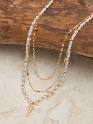 3 Layer Pearl Cross Charm Necklace - ARULA