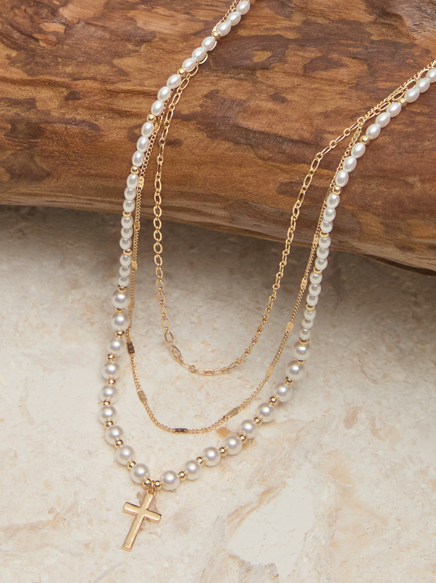 3 Layer Pearl Cross Charm Necklace - ARULA