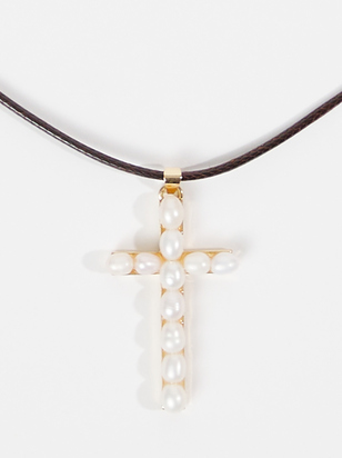 Pearl Cross Pendant Cord Choker Necklace - ARULA