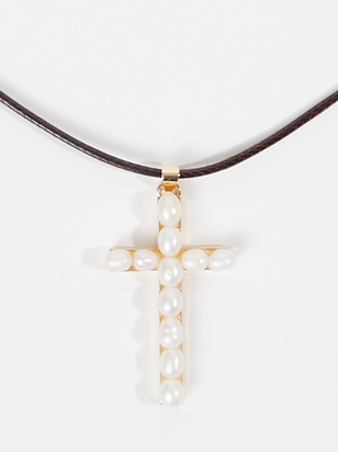 Pearl Cross Pendant Cord Choker Necklace - ARULA