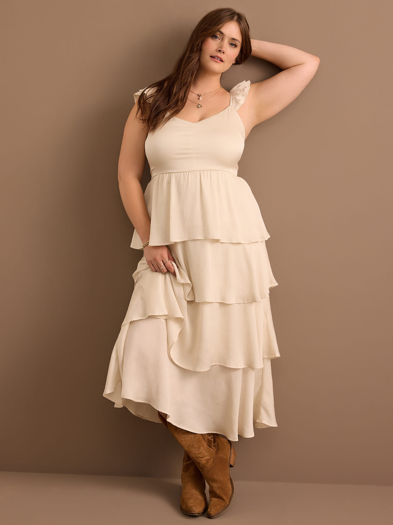 Roxanne Layered Ruffle Maxi Dress in Cream Arula