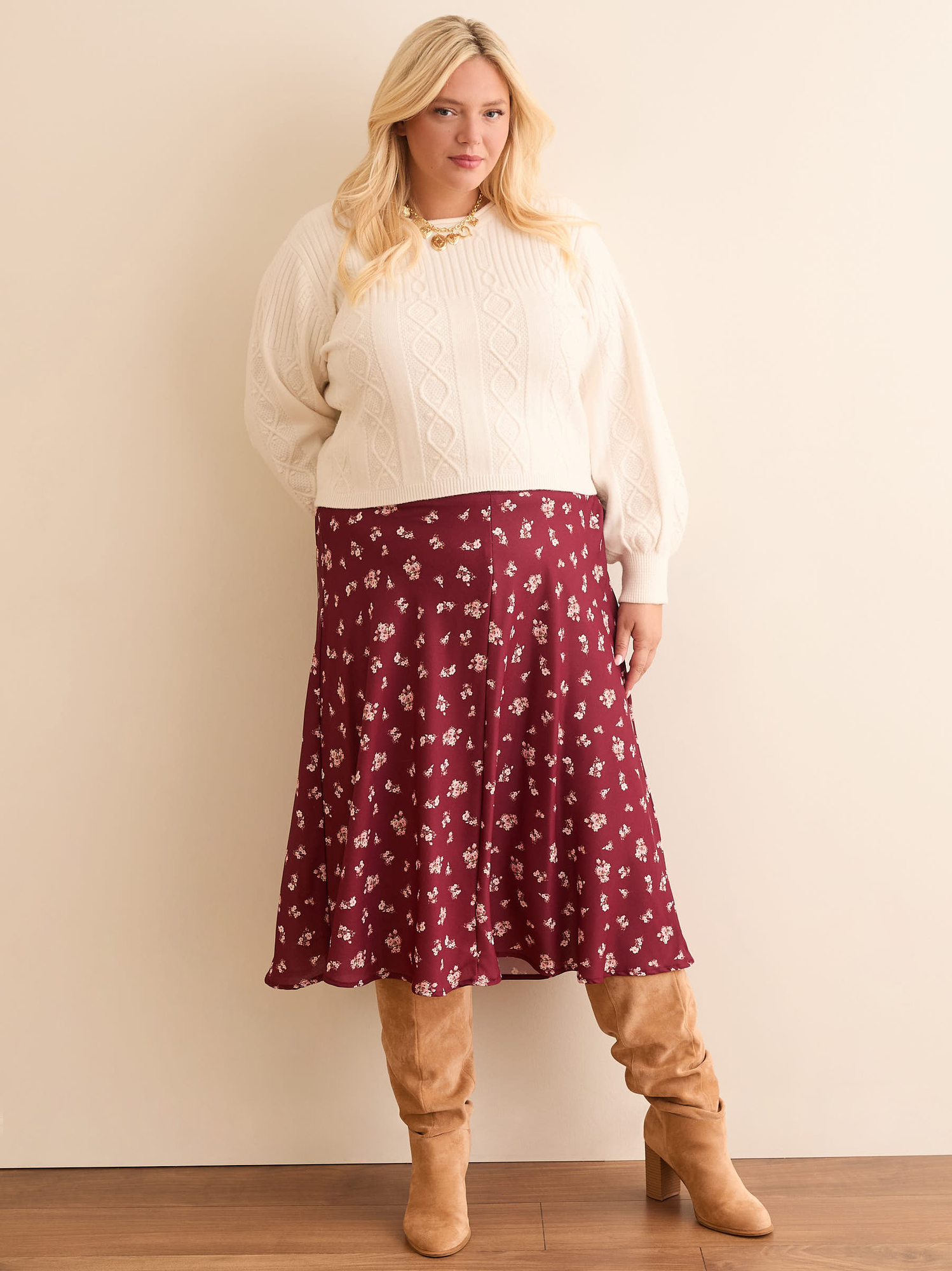 Bella Floral Midi Skirt in Burgundy Floral Arula