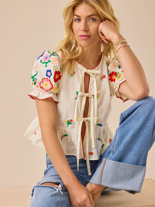 Rosalie Tie Front Embroidered Top - ARULA