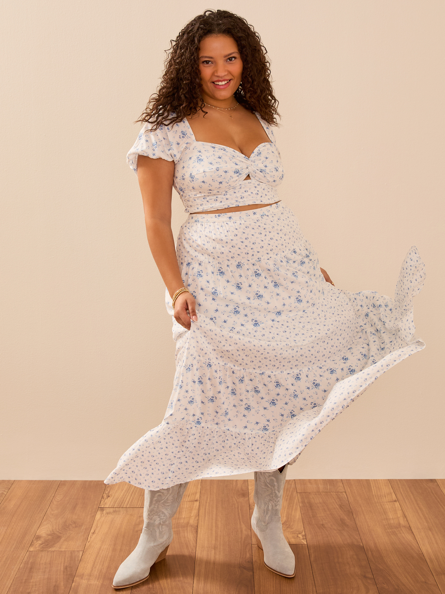 Maia Floral Midi Skirt in Ivory & Blue | Arula