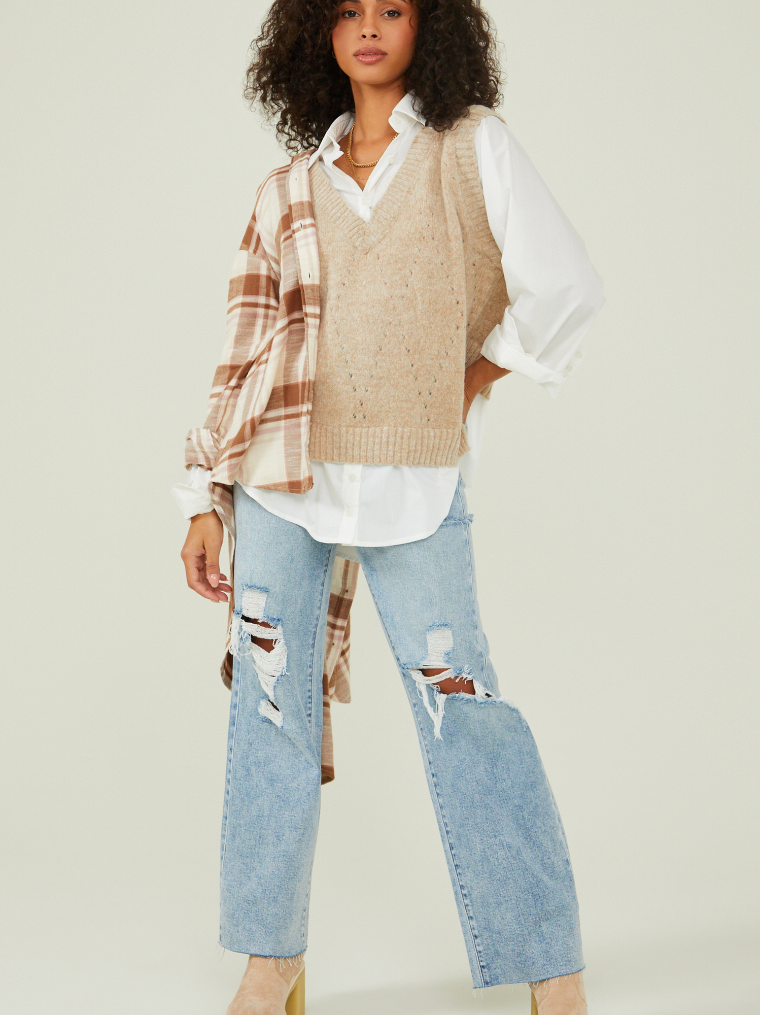 Kienna Layered Twofer Sweater in Ivory Taupe Altar d State