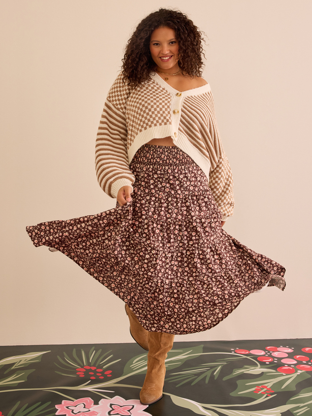 Arula Abrielle Floral Tiered Midi Skirt Brown Pink Material 100 Polyester