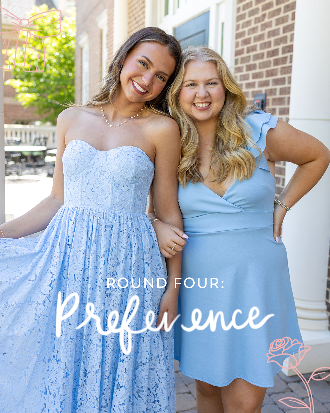 Two women wearing blue dresses