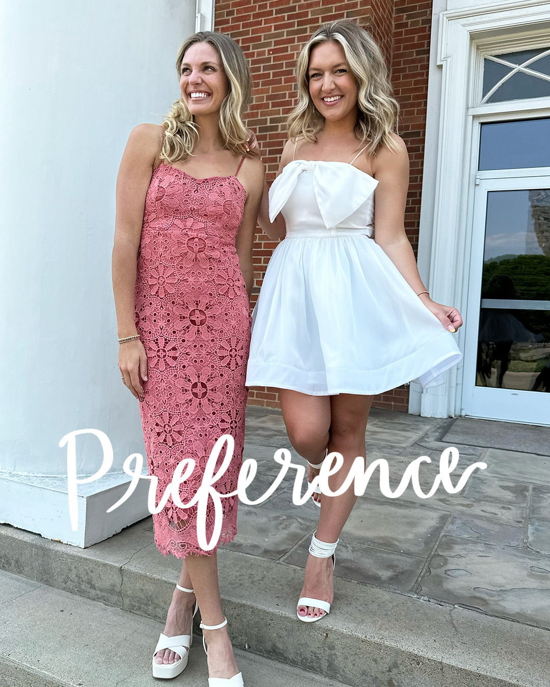 Two women wearing cocktail dresses